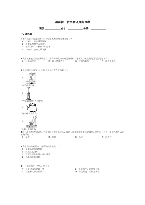 湖南初三初中物理月考试卷带答案解析
