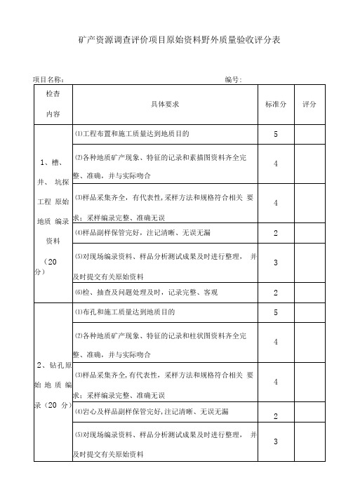 地质勘查项目野外工作原始资料野外验收评分表