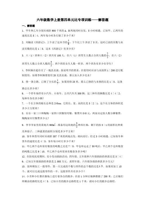 【题型专项特训】六年级数学上册第四单元比专项训练——解答题(人教版,含答案)