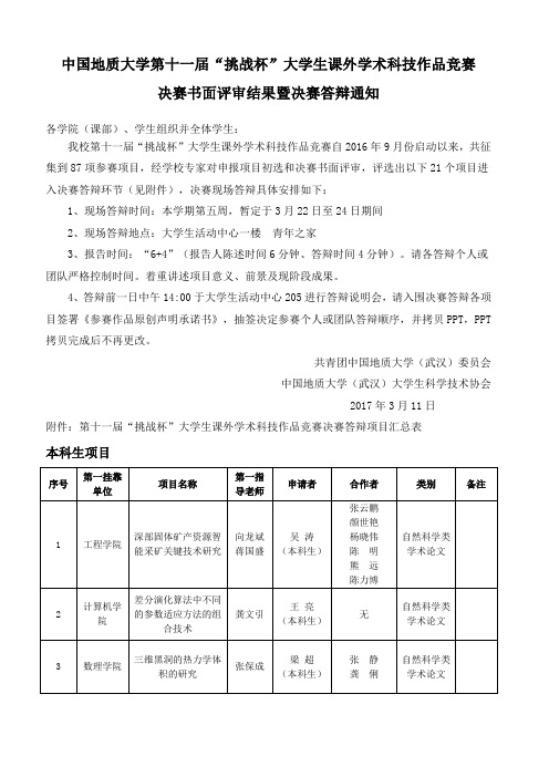 中国地质大学第十一届挑战杯大学生课外学术科技作品竞赛