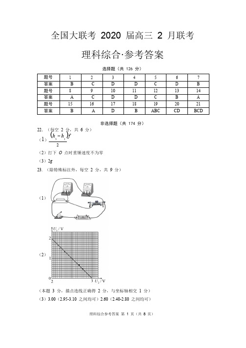 2020年2月全国大联考2020届高三毕业班联考理科综合答案