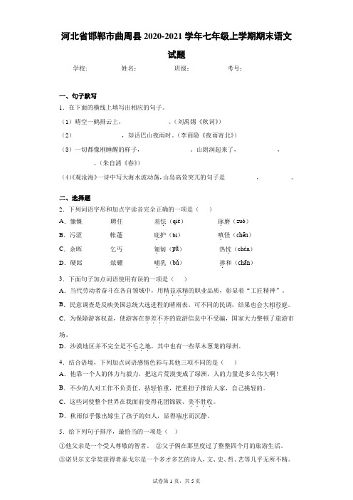 河北省邯郸市曲周县2020-2021学年七年级上学期期末语文试题(word版 含答案)