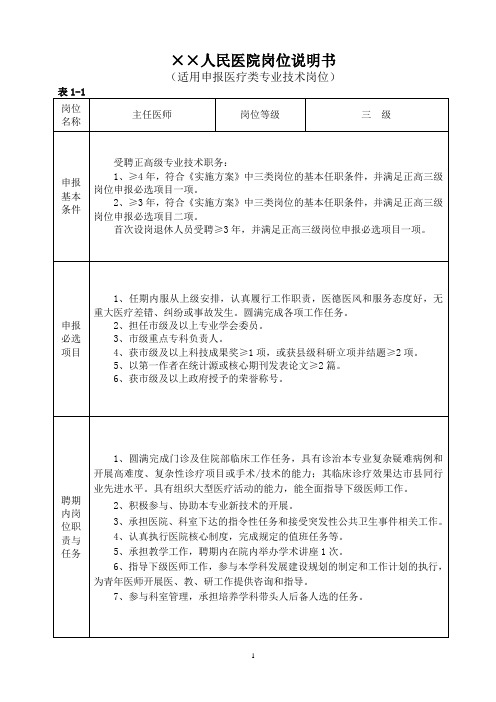 医院医疗岗位说明书