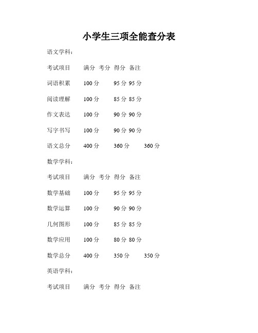 小学生三项全能查分表