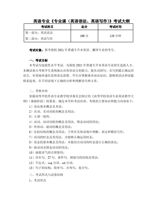 吉首大学2022年专升本《专业课(英语语法、英语写作)》考试大纲考试大纲