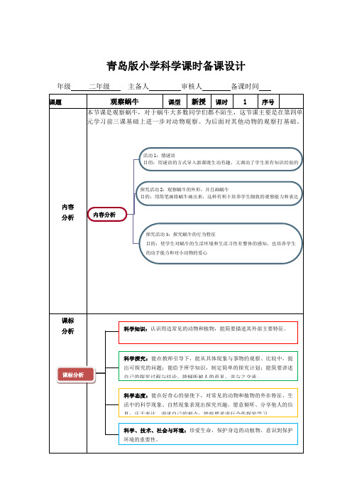 【表格版】青岛版小学二年级下册科学教案-第四单元《14观察蜗牛》