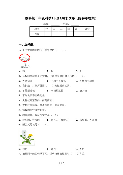 教科版一年级科学(下册)期末试卷(附参考答案)