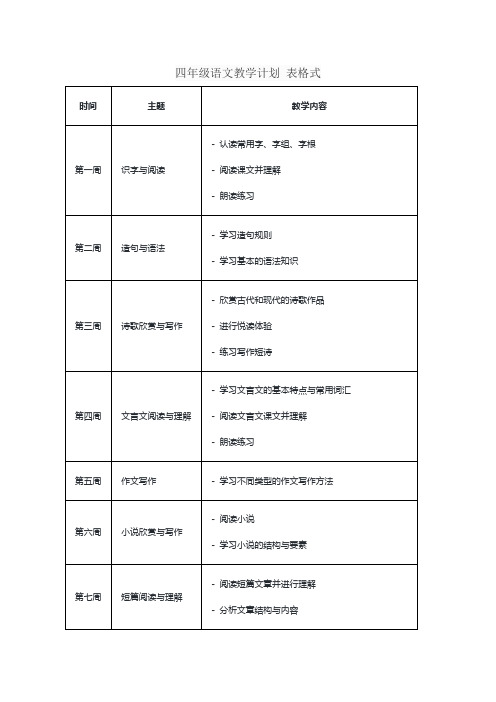 四年级语文教学计划 表格式