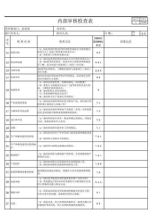 内部审核检查表-品质部