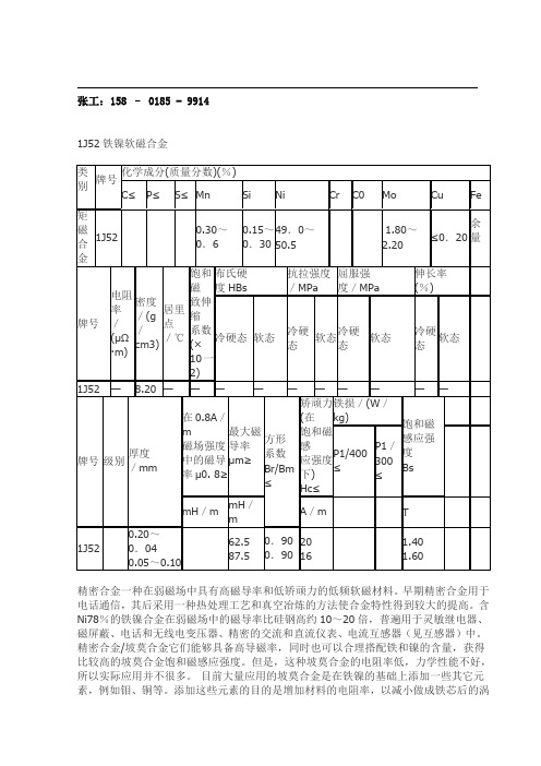 1J52、Ni50Mo2铁镍软磁合金参数