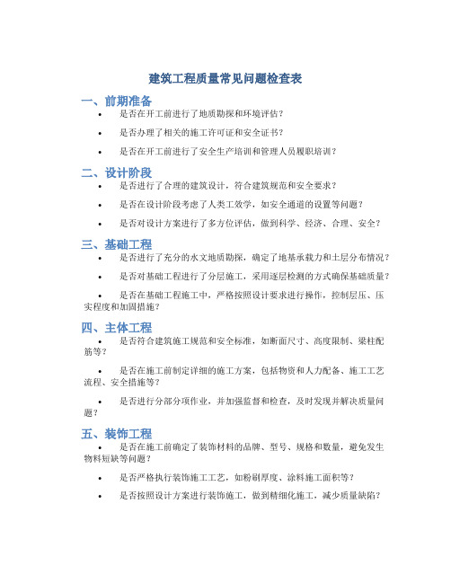 建筑工程质量常见问题检查表