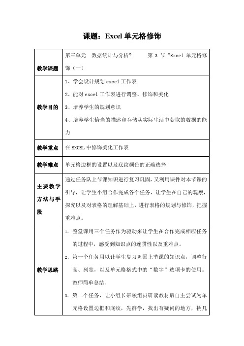 Ecel单元格格式设置教案