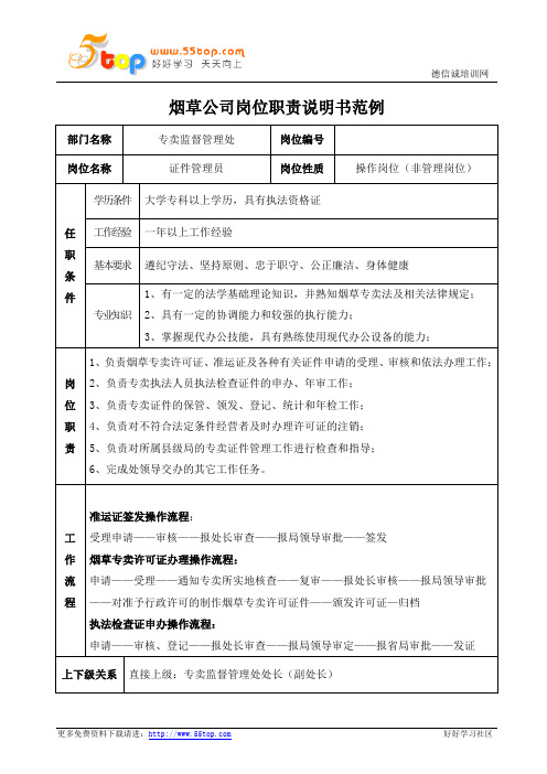 烟草专卖监督证件管理员岗位职责说明书