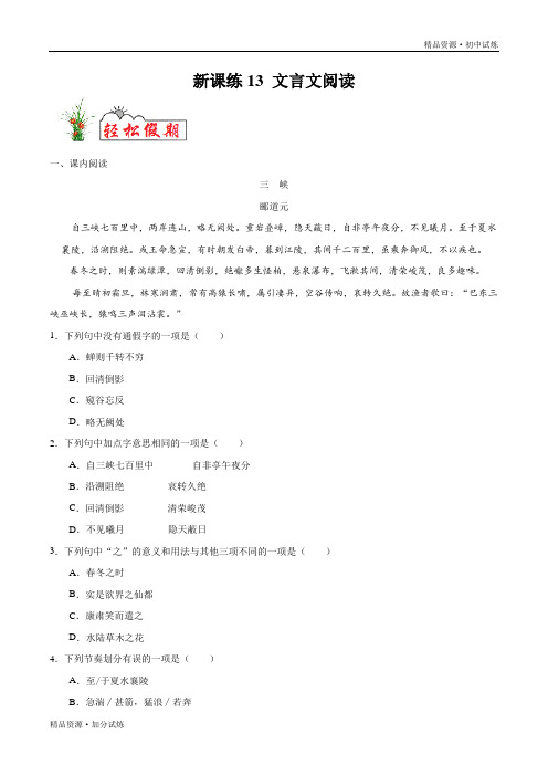 新课练习13 文言文阅读-2020年暑假作业教材七年级语文(部编原卷版)