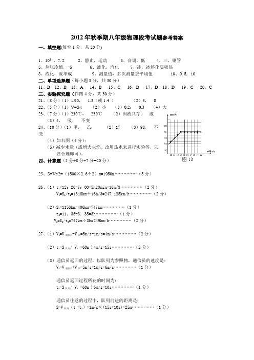 2012年秋季期八年级物理段考试题参考答案