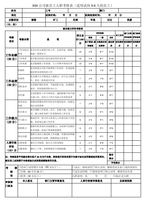 新员工入职试岗考核表