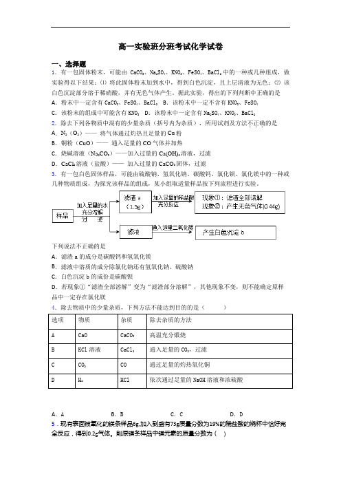 高一实验班分班考试化学试卷