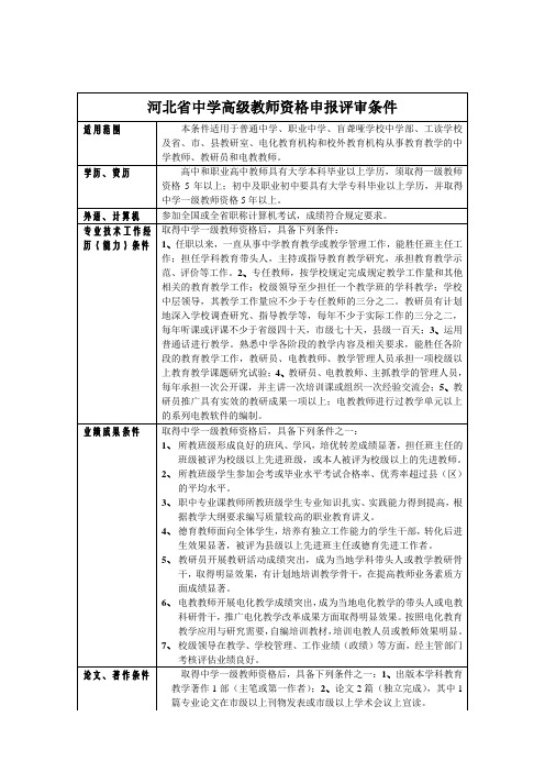 河北省中学高级教师资格申报评审条件