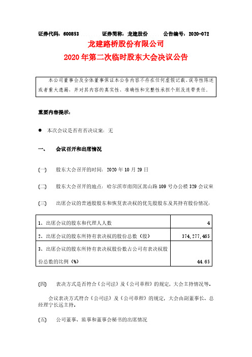 600853龙建股份2020年第二次临时股东大会决议公告