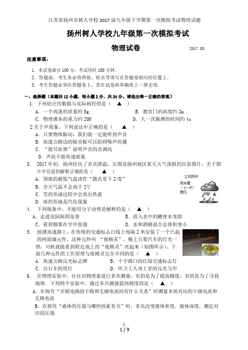 江苏省扬州市树人学校九年级下学期第一次模拟考试物理试题