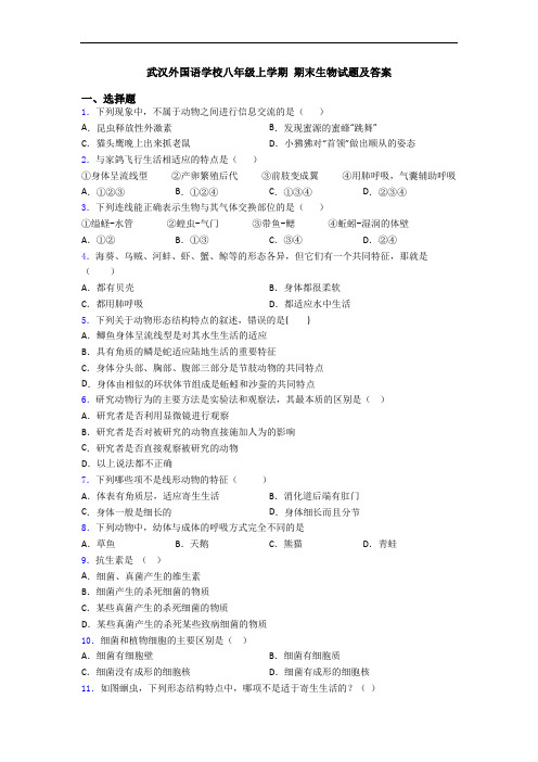 武汉外国语学校八年级上学期 期末生物试题及答案