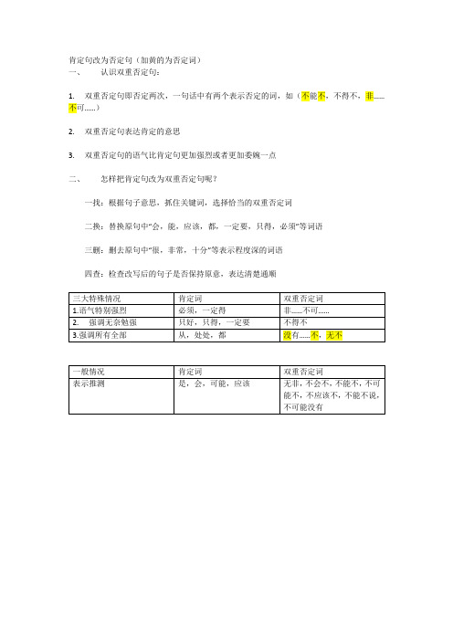 四年级上册肯定句怎样改为双重否定句