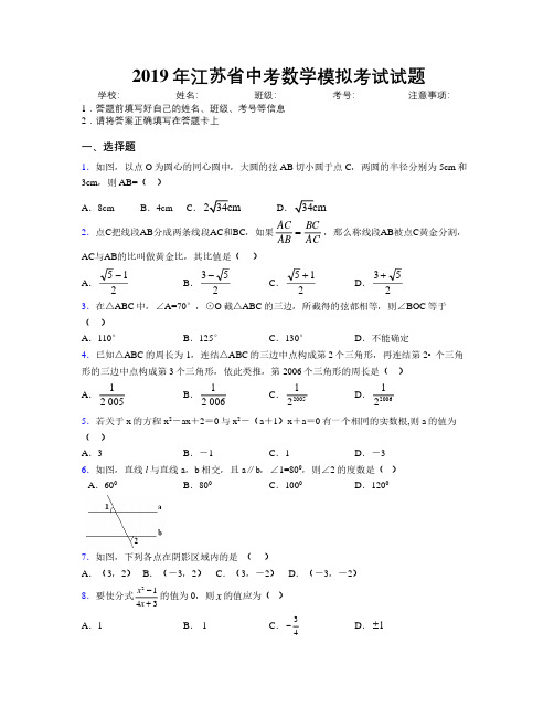 2019年江苏省中考数学模拟考试试题附解析