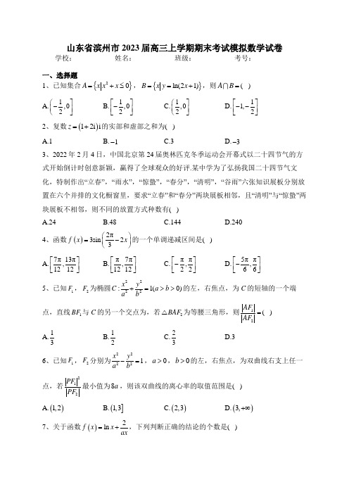 山东省滨州市2023届高三上学期期末考试模拟数学试卷(含答案)