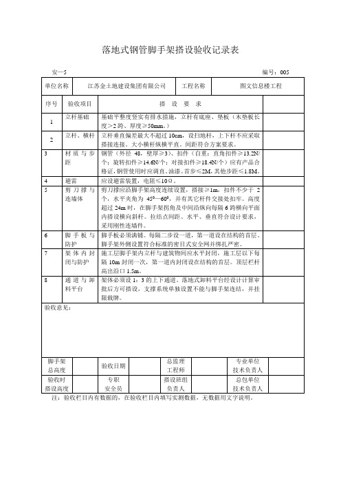 落地式钢管脚手架搭设验收记录表