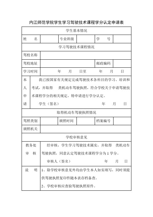 内江师范学院 驾驶技术课程学分认定申请表