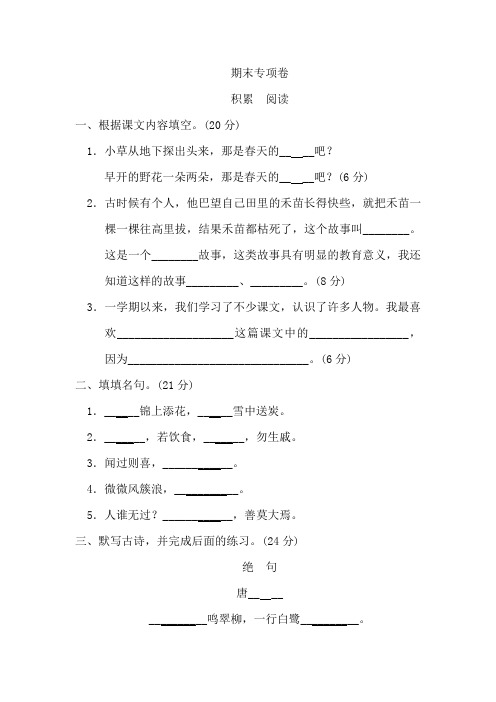 人教部编版语文二年级下册 期末专项卷 积累 阅读 期末复习卷及答案