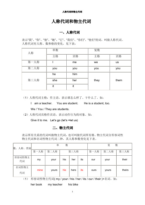 初一英语人称代词和物主代词的表格及练习题