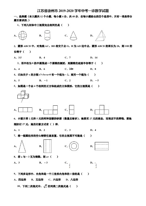 江苏省徐州市2019-2020学年中考一诊数学试题含解析