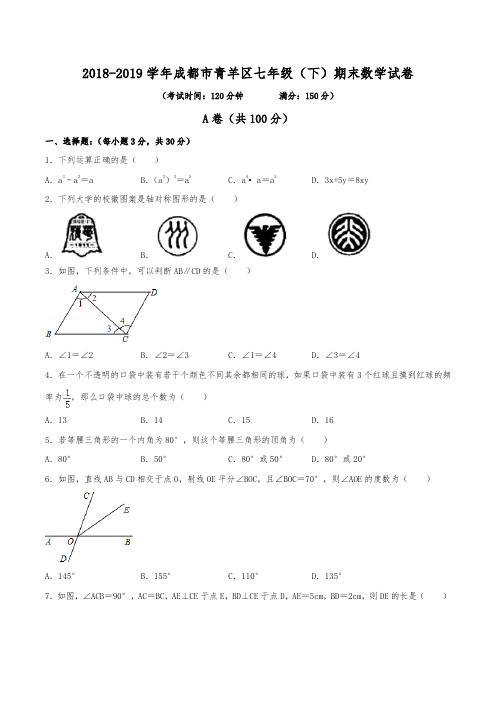 2018-2019学年成都市青羊区七年级(下)期末数学试卷(含解析)