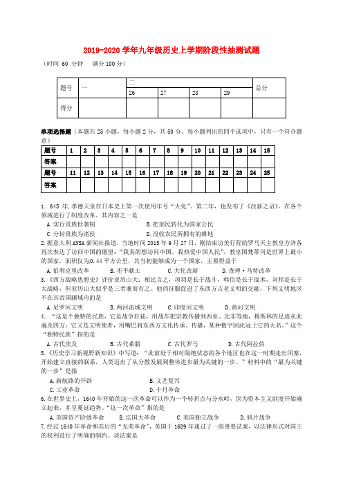 2019-2020学年九年级历史上学期阶段性抽测试题.doc