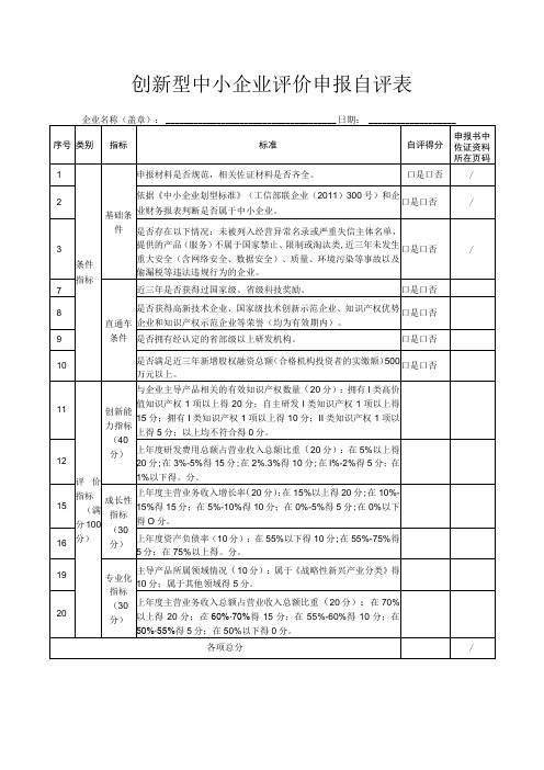 创新型中小企业评价申报自评表