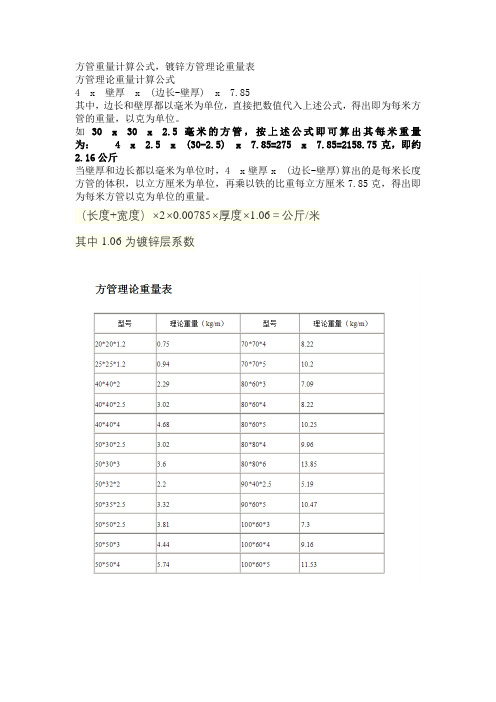 镀锌方管重量计算公式