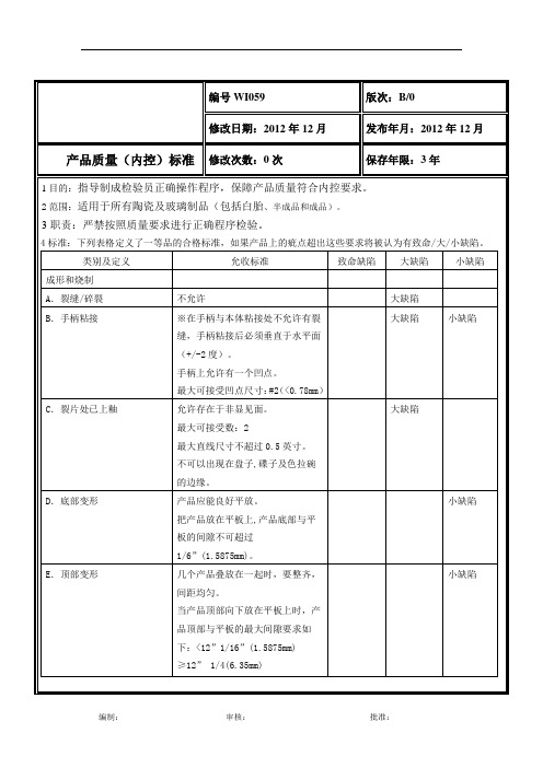 陶瓷产品质量(内控)标准