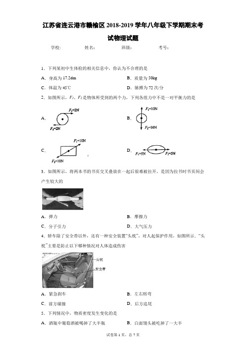 江苏省连云港市赣榆区2018-2019学年八年级下学期期末考试物理试题