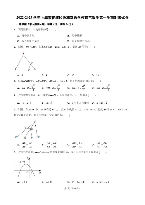 2022-2023学年上海市青浦区协和双语学校初三数学第一学期期末试卷及解析