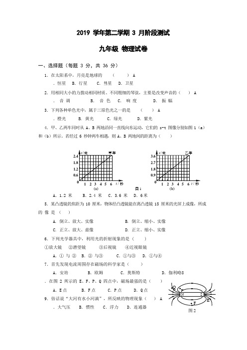 上海市复兴实验中学2019-2020学年九年级第二学期月考物理3月阶段测试卷  Word无答案