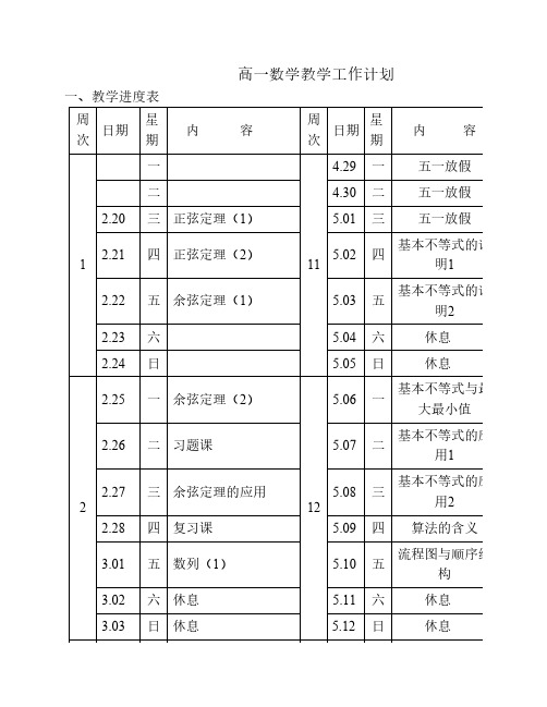 高一下学期教学进度及要求