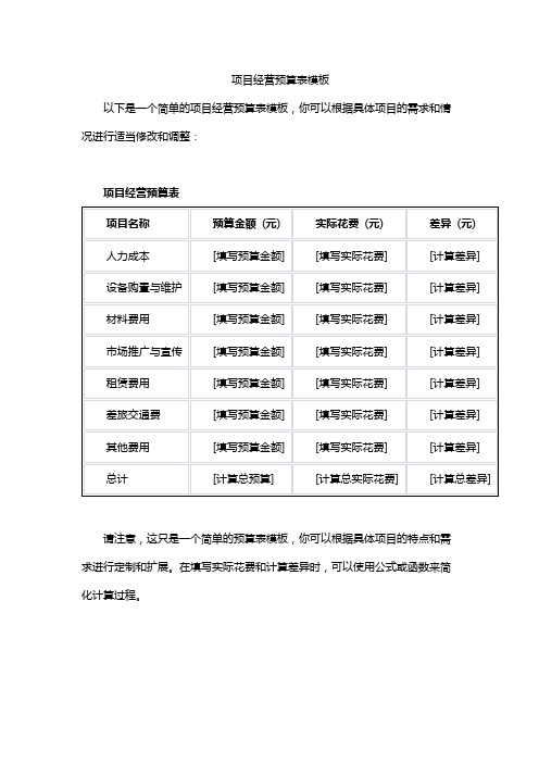 项目经营预算表模板