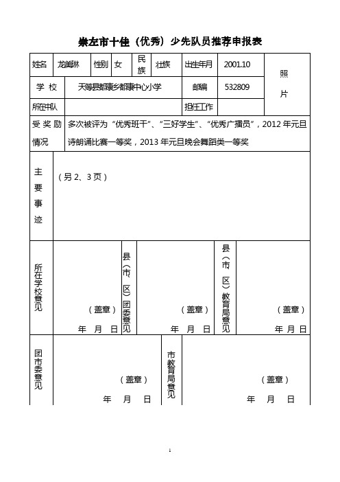 崇左市十佳少先队员推荐表1