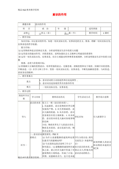 【配套K12】[学习]四川省宜宾市一中2017-2018学年高二政治下学期第2周 意识的作用教学设计