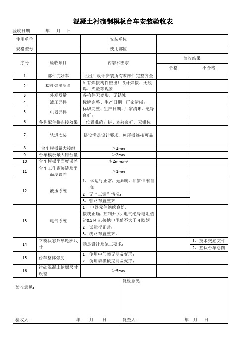 混凝土衬砌钢模板台车安装验收表