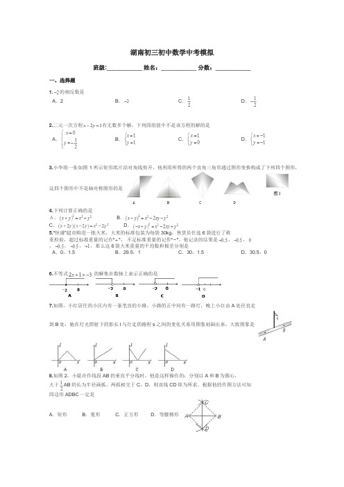 湖南初三初中数学中考模拟带答案解析
