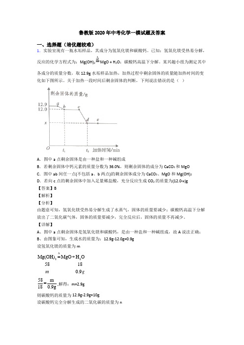 鲁教版2020年中考化学一模试题及答案