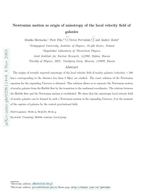 Newtonian motion as origin of anisotropy of the local velocity field of galaxies