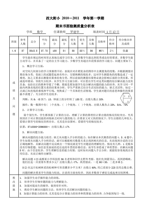 4上数学期末书面和非书面检测质量分析表2010秋